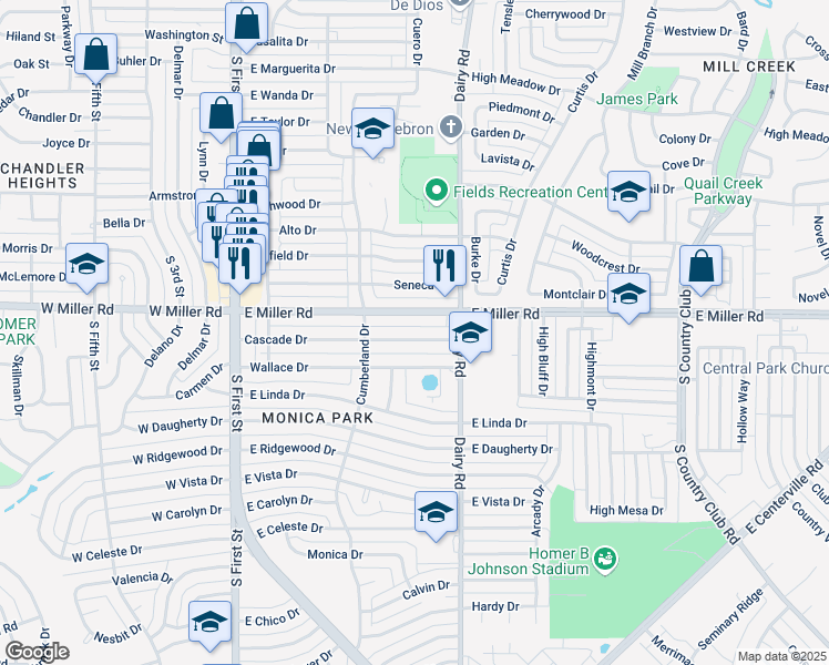map of restaurants, bars, coffee shops, grocery stores, and more near 612 Cascade Dr in Garland