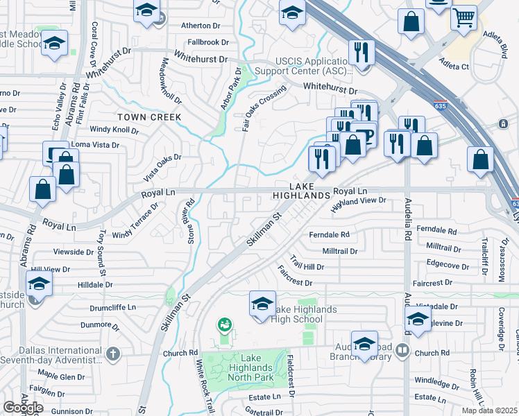 map of restaurants, bars, coffee shops, grocery stores, and more near 8303 Skillman Street in Dallas