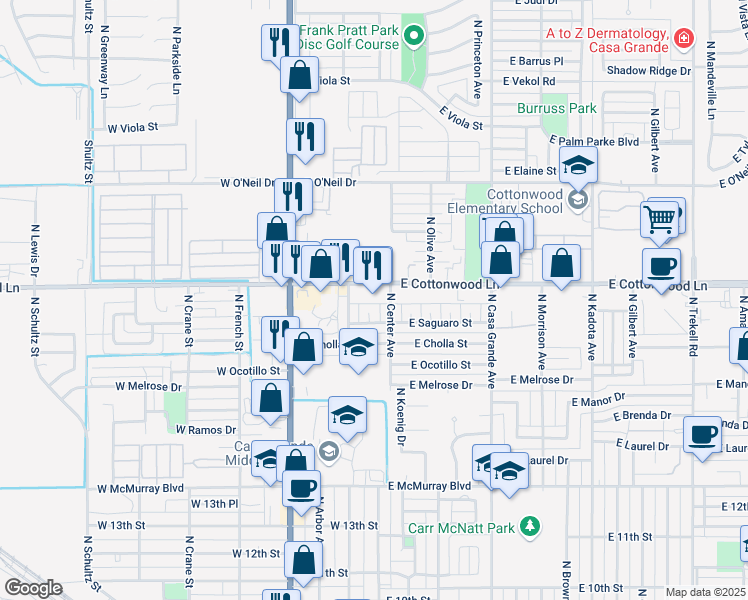 map of restaurants, bars, coffee shops, grocery stores, and more near 139 West Cottonwood Lane in Casa Grande