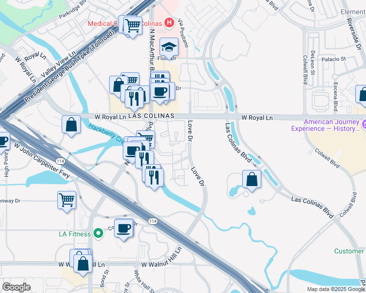 map of restaurants, bars, coffee shops, grocery stores, and more near 6229 Love Drive in Irving