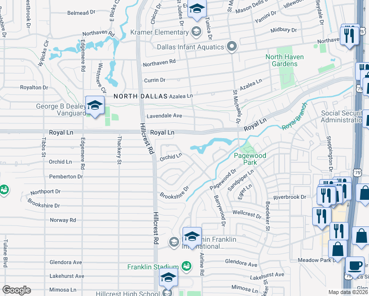 map of restaurants, bars, coffee shops, grocery stores, and more near 6991 Forest Glade Circle in Dallas