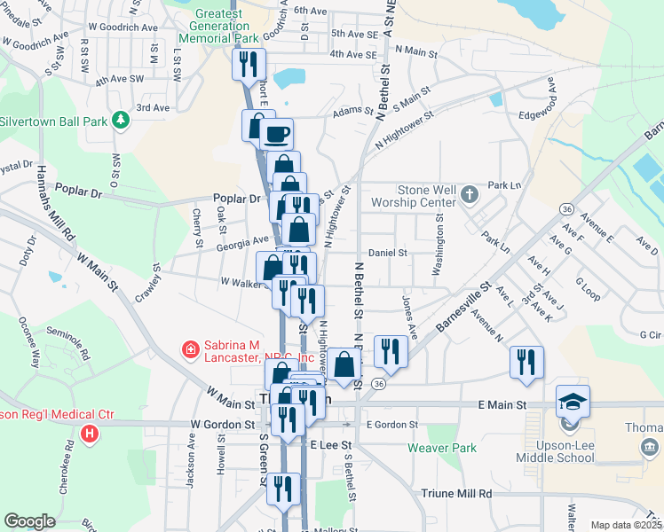 map of restaurants, bars, coffee shops, grocery stores, and more near 424 North Hightower Street in Thomaston