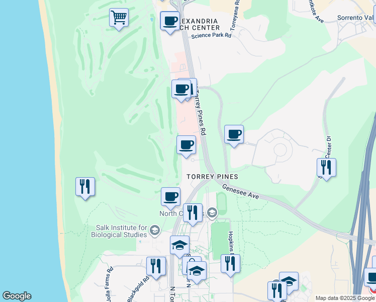 map of restaurants, bars, coffee shops, grocery stores, and more near 3344 N Torrey Pines Ct in San Diego