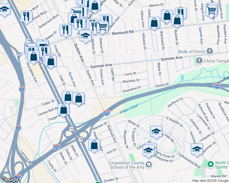 map of restaurants, bars, coffee shops, grocery stores, and more near 1656 Greenbay Drive in North Charleston