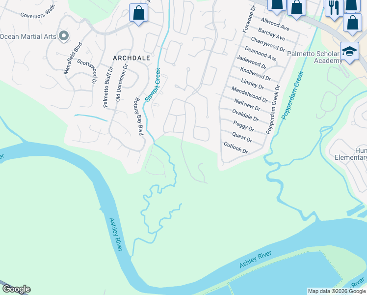 map of restaurants, bars, coffee shops, grocery stores, and more near 5205 Pomfret Street in North Charleston
