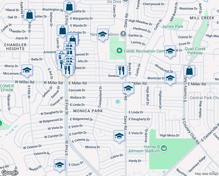 map of restaurants, bars, coffee shops, grocery stores, and more near 612 Cascade Drive in Garland
