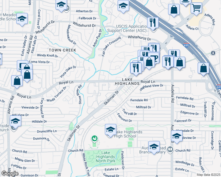 map of restaurants, bars, coffee shops, grocery stores, and more near 8303 Skillman Street in Dallas