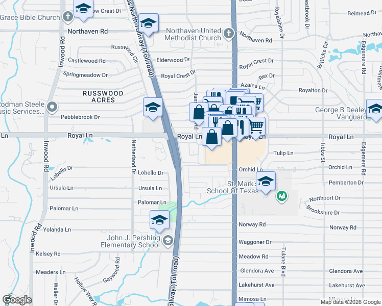 map of restaurants, bars, coffee shops, grocery stores, and more near 10771 Villager Road in Dallas