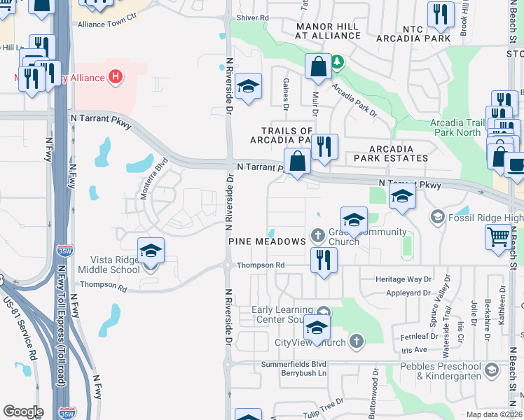 map of restaurants, bars, coffee shops, grocery stores, and more near 8321 Spruce Meadows Drive in Fort Worth