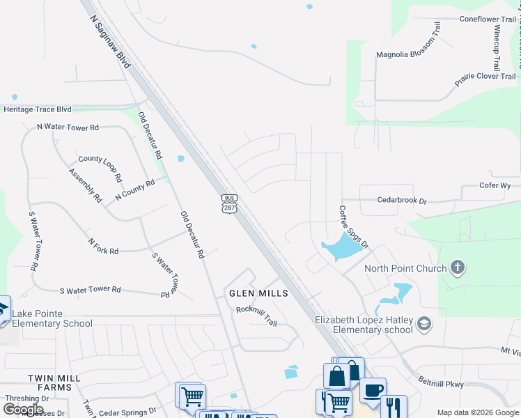map of restaurants, bars, coffee shops, grocery stores, and more near 9212-9796 N Saginaw Blvd in Fort Worth