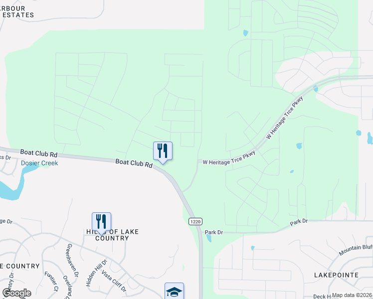 map of restaurants, bars, coffee shops, grocery stores, and more near 9120 Boat Club Road in Fort Worth