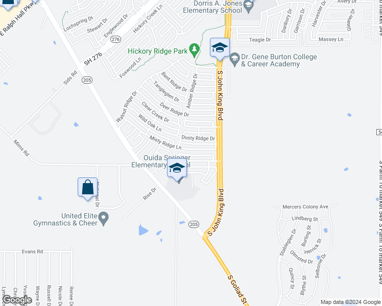 map of restaurants, bars, coffee shops, grocery stores, and more near 3043 Misty Ridge Lane in Rockwall