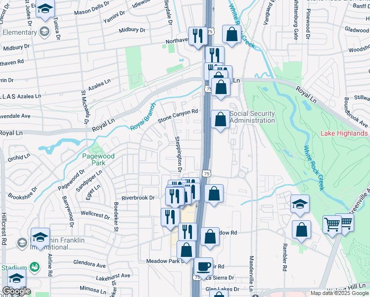 map of restaurants, bars, coffee shops, grocery stores, and more near 10650 Steppington Drive in Dallas