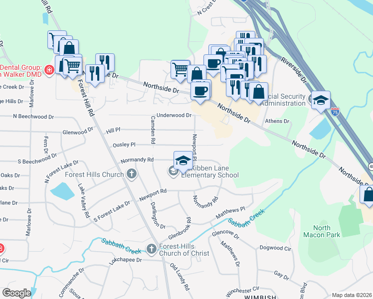 map of restaurants, bars, coffee shops, grocery stores, and more near 1071 Ousley Place in Macon