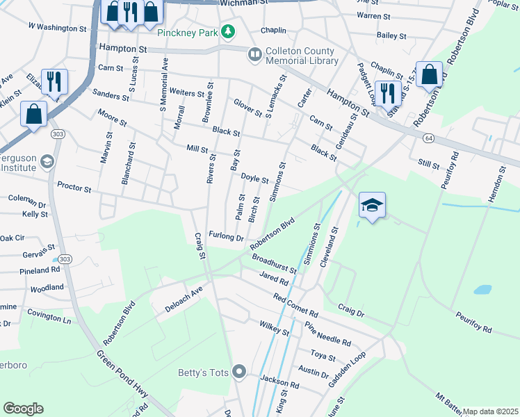 map of restaurants, bars, coffee shops, grocery stores, and more near 119 Birch Street in Walterboro