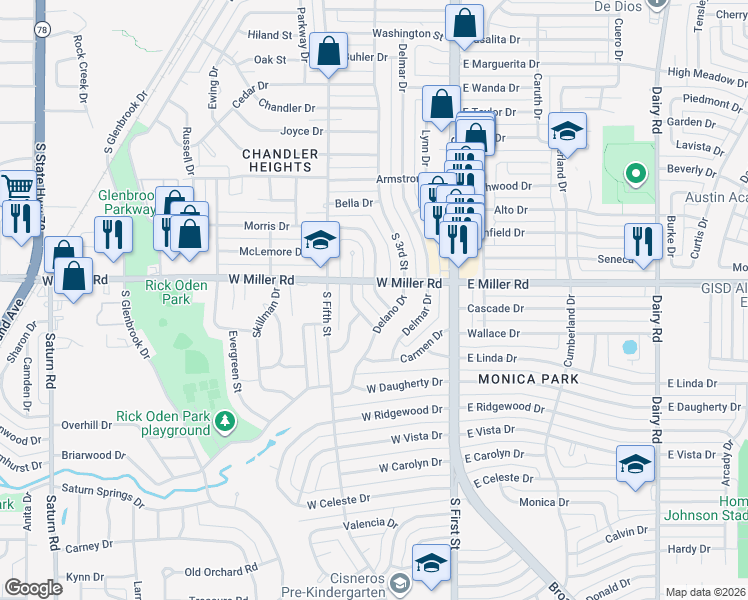 map of restaurants, bars, coffee shops, grocery stores, and more near 2013 Rolando Drive in Garland