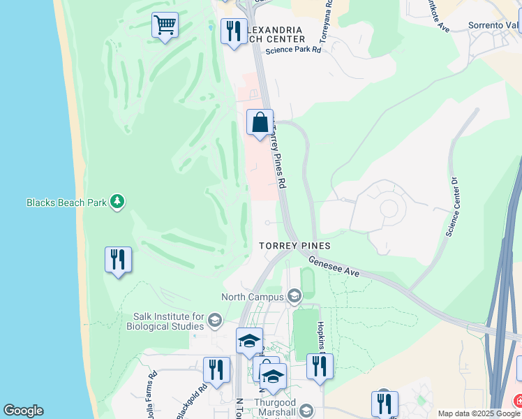 map of restaurants, bars, coffee shops, grocery stores, and more near 3344 North Torrey Pines Court in San Diego