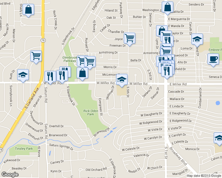 map of restaurants, bars, coffee shops, grocery stores, and more near 2013 Skillman Dr in Garland