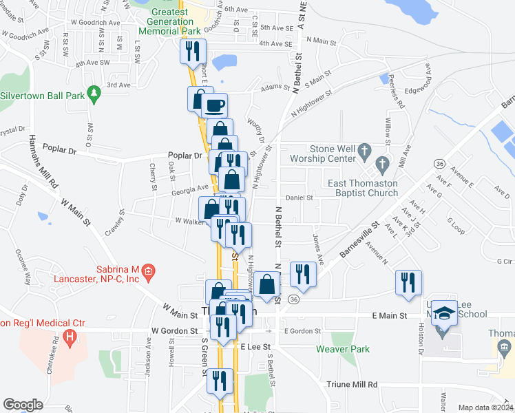 map of restaurants, bars, coffee shops, grocery stores, and more near 434 North Hightower Street in Thomaston