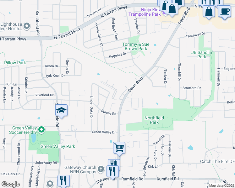 map of restaurants, bars, coffee shops, grocery stores, and more near 8009 Davis Boulevard in North Richland Hills