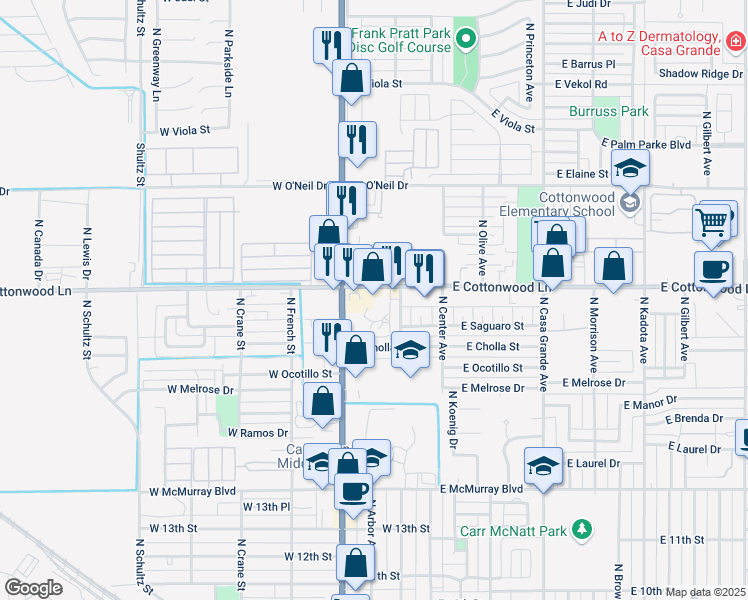 map of restaurants, bars, coffee shops, grocery stores, and more near 241 West Cottonwood Lane in Casa Grande