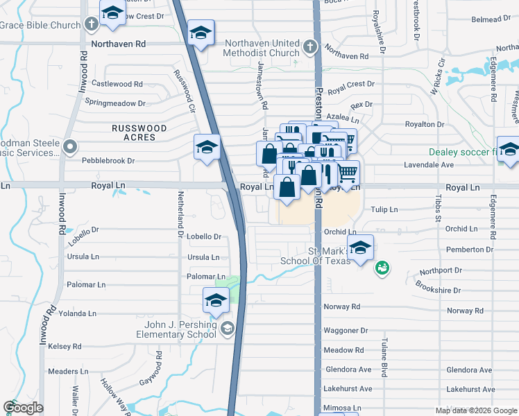 map of restaurants, bars, coffee shops, grocery stores, and more near 10771 Villager Road in Dallas