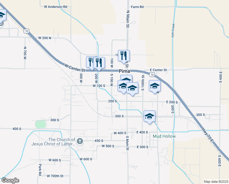 map of restaurants, bars, coffee shops, grocery stores, and more near 159 S 100 W in Pima