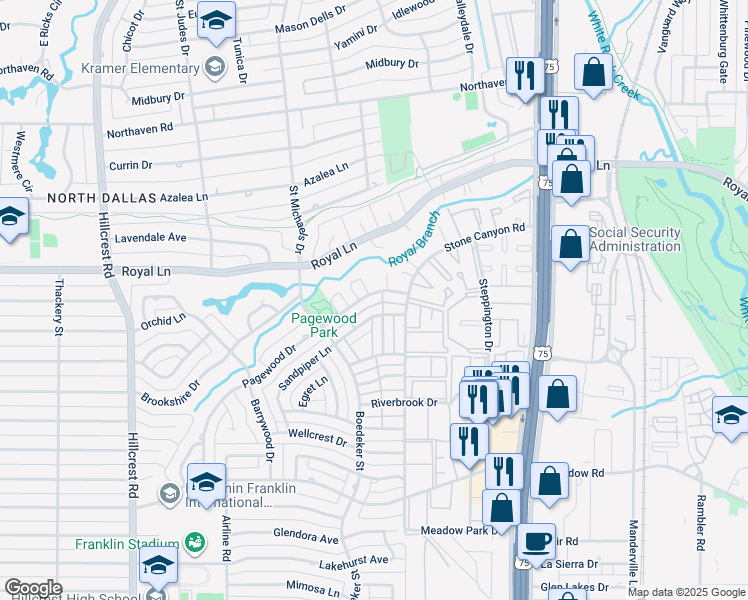 map of restaurants, bars, coffee shops, grocery stores, and more near 10738 Pagewood Drive in Dallas