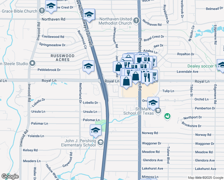 map of restaurants, bars, coffee shops, grocery stores, and more near 10764 Villager Road in Dallas