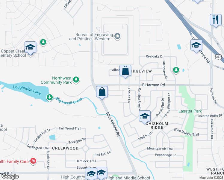 map of restaurants, bars, coffee shops, grocery stores, and more near 800 East Harmon Road in Fort Worth