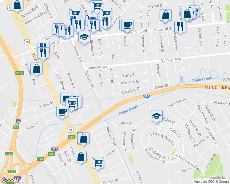 map of restaurants, bars, coffee shops, grocery stores, and more near 1656 Greenbay Dr in North Charleston