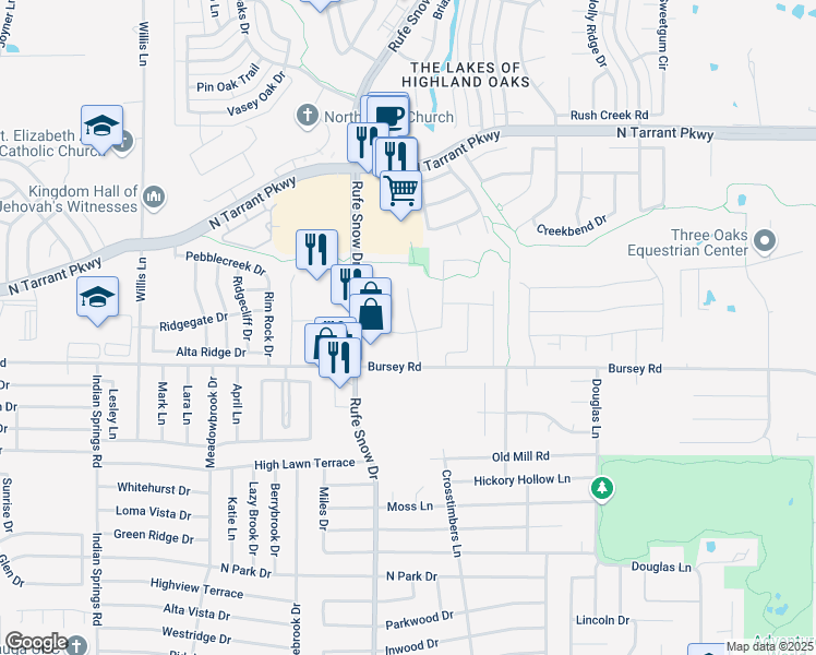 map of restaurants, bars, coffee shops, grocery stores, and more near 2101 Bradley Drive in Keller