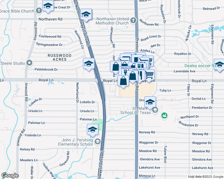 map of restaurants, bars, coffee shops, grocery stores, and more near 10771 Villager Road in Dallas