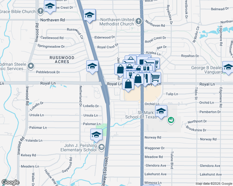 map of restaurants, bars, coffee shops, grocery stores, and more near 10771 Villager Road in Dallas