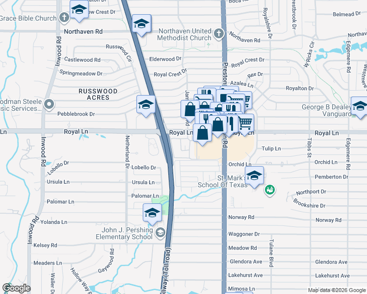 map of restaurants, bars, coffee shops, grocery stores, and more near 10771 Villager Road in Dallas