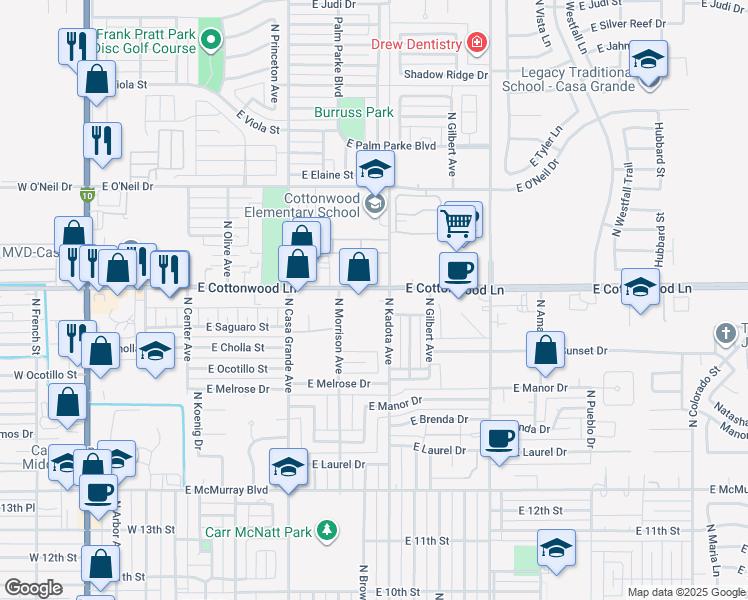 map of restaurants, bars, coffee shops, grocery stores, and more near 675 East Cottonwood Lane in Casa Grande