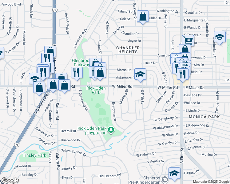 map of restaurants, bars, coffee shops, grocery stores, and more near 724 West Miller Road in Garland
