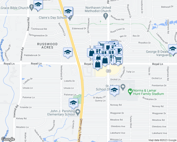 map of restaurants, bars, coffee shops, grocery stores, and more near 10764 Villager Road in Dallas