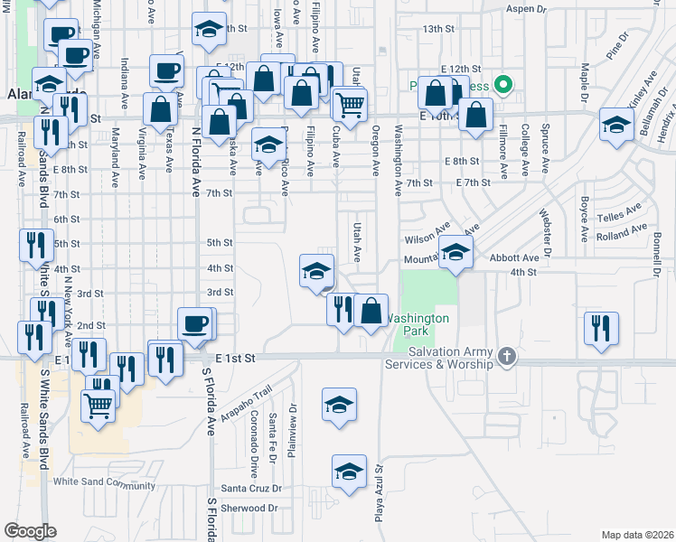 map of restaurants, bars, coffee shops, grocery stores, and more near 401 Cuba Avenue in Alamogordo