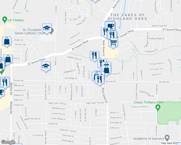 map of restaurants, bars, coffee shops, grocery stores, and more near 2151 Serene Court in Keller