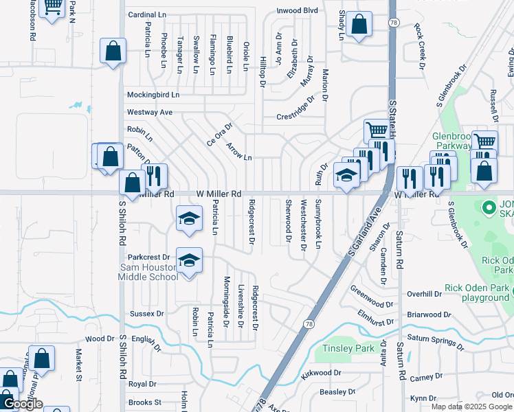 map of restaurants, bars, coffee shops, grocery stores, and more near 2016 Ridgecrest Drive in Garland