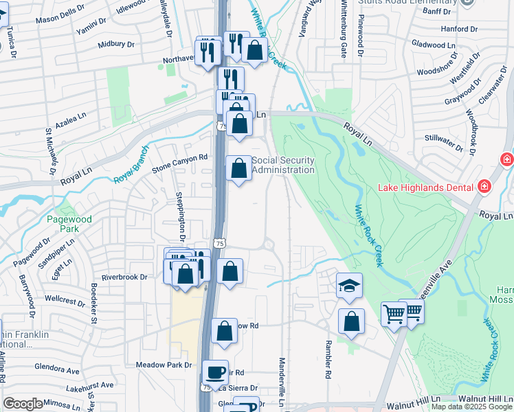 map of restaurants, bars, coffee shops, grocery stores, and more near 8401 Manderville Lane in Dallas