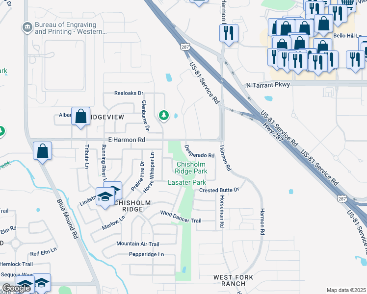 map of restaurants, bars, coffee shops, grocery stores, and more near 1604 Desperado Road in Fort Worth