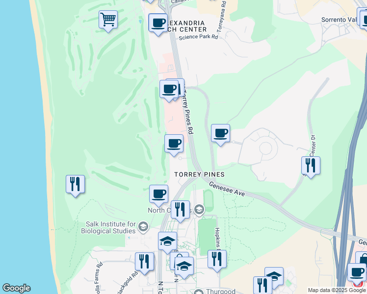 map of restaurants, bars, coffee shops, grocery stores, and more near 3366 N Torrey Pines Ct in San Diego