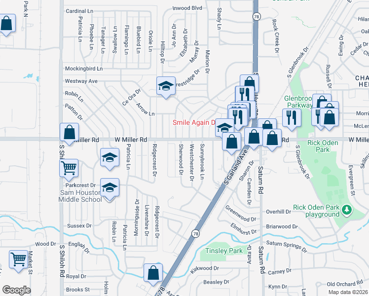 map of restaurants, bars, coffee shops, grocery stores, and more near 2020 Sherwood Drive in Garland