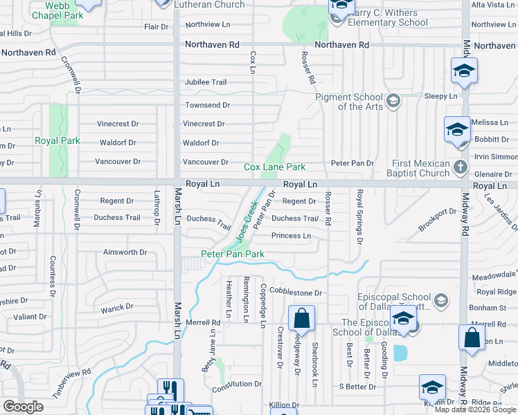 map of restaurants, bars, coffee shops, grocery stores, and more near 3815 Duchess Trail in Dallas