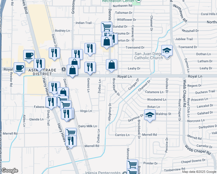 map of restaurants, bars, coffee shops, grocery stores, and more near 2848 Royal Lane in Dallas