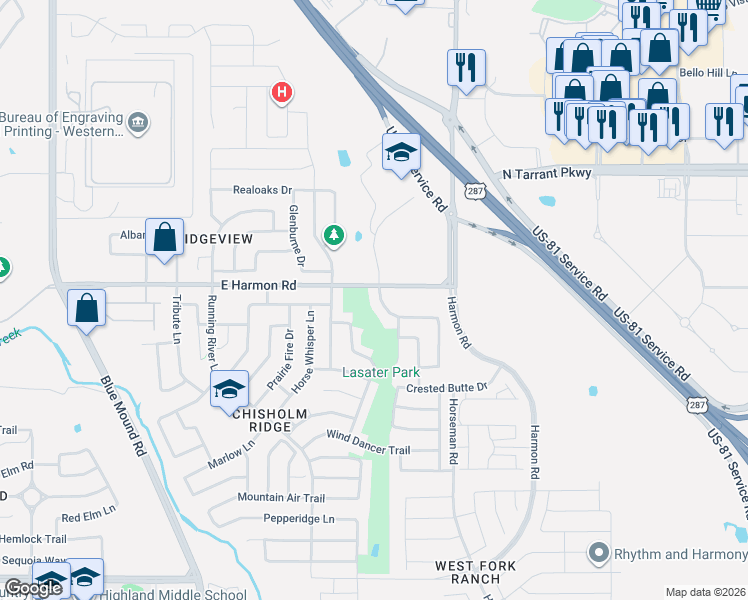 map of restaurants, bars, coffee shops, grocery stores, and more near 1612 Desperado Road in Fort Worth