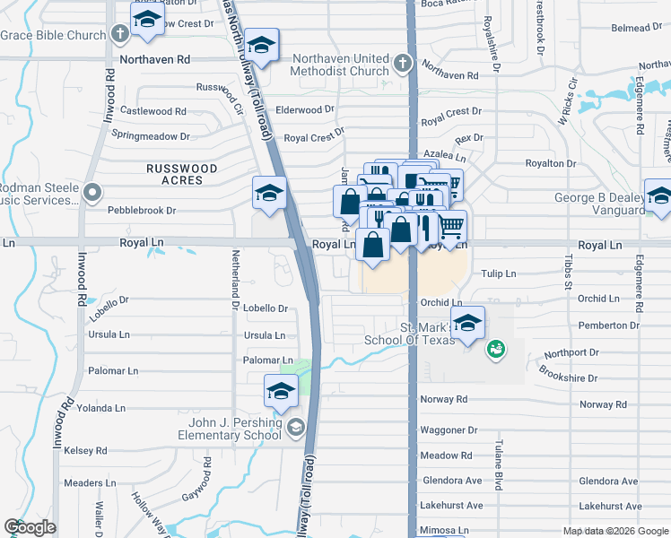 map of restaurants, bars, coffee shops, grocery stores, and more near 10771 Villager Road in Dallas