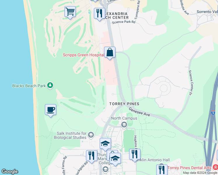 map of restaurants, bars, coffee shops, grocery stores, and more near 3344 North Torrey Pines Court in San Diego